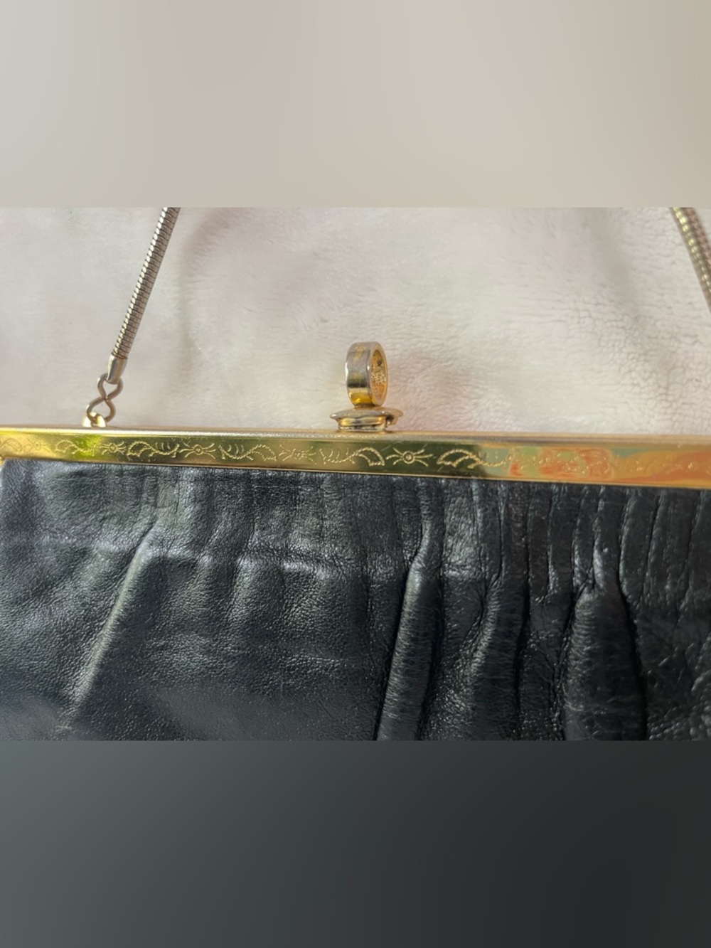 Vintage Etra Genuine leather black clutch hand bag purse gold with filigree - Picture 4 of 9